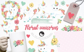 Floral unicorn illustration pack - Vector Image