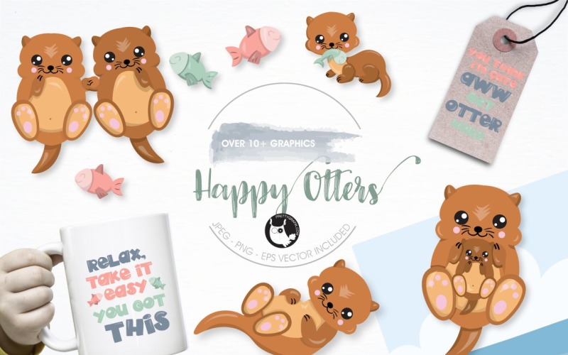 happy otters graphic illustration - Vector Image Vector Graphic
