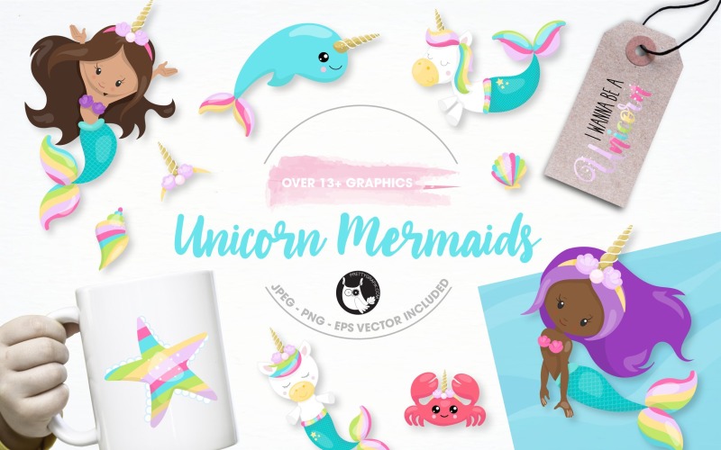 unicorn mermaid illustration pack - Vector Image Vector Graphic