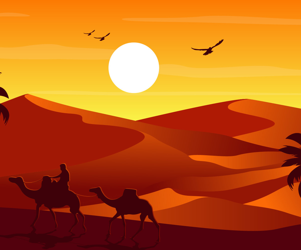 Camel, rider, caravan, desert, hills, arabian, landscape, horizon