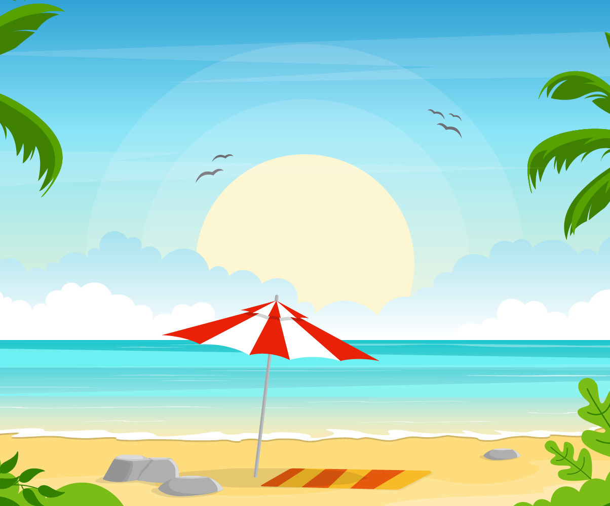Vacation, tropical, beach, sea, palm, tree, summer, landscape, vector