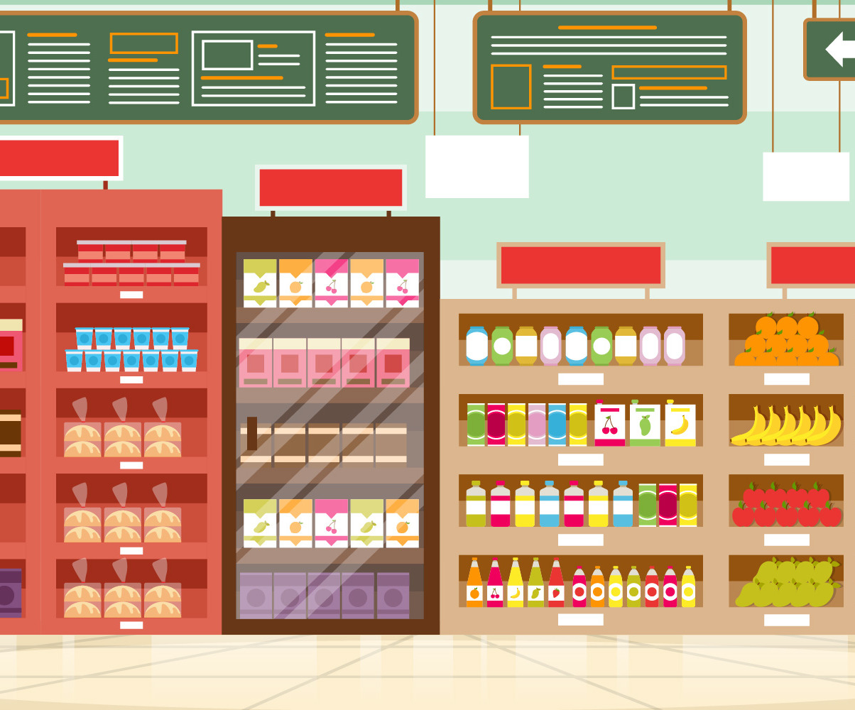 Supermarket Grocery Shelf Store Retail Shop Mall Interior Flat Illustration Vector