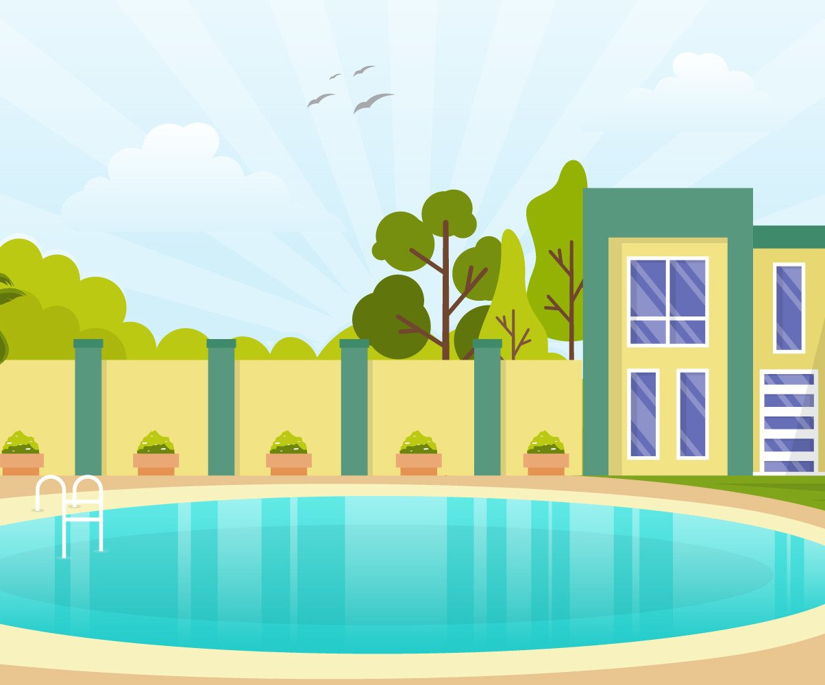 Modern, house, villa, exterior, swimming, pool, backyard, illustration ...