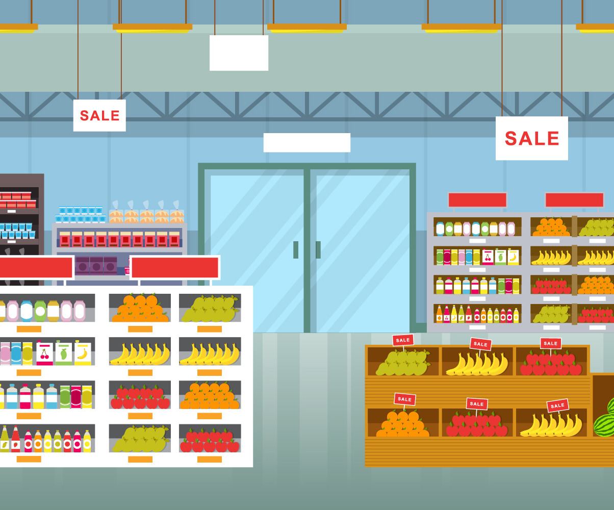 Supermarket Grocery Shelf Store Retail Shop Mall Interior Flat Illustration Vector