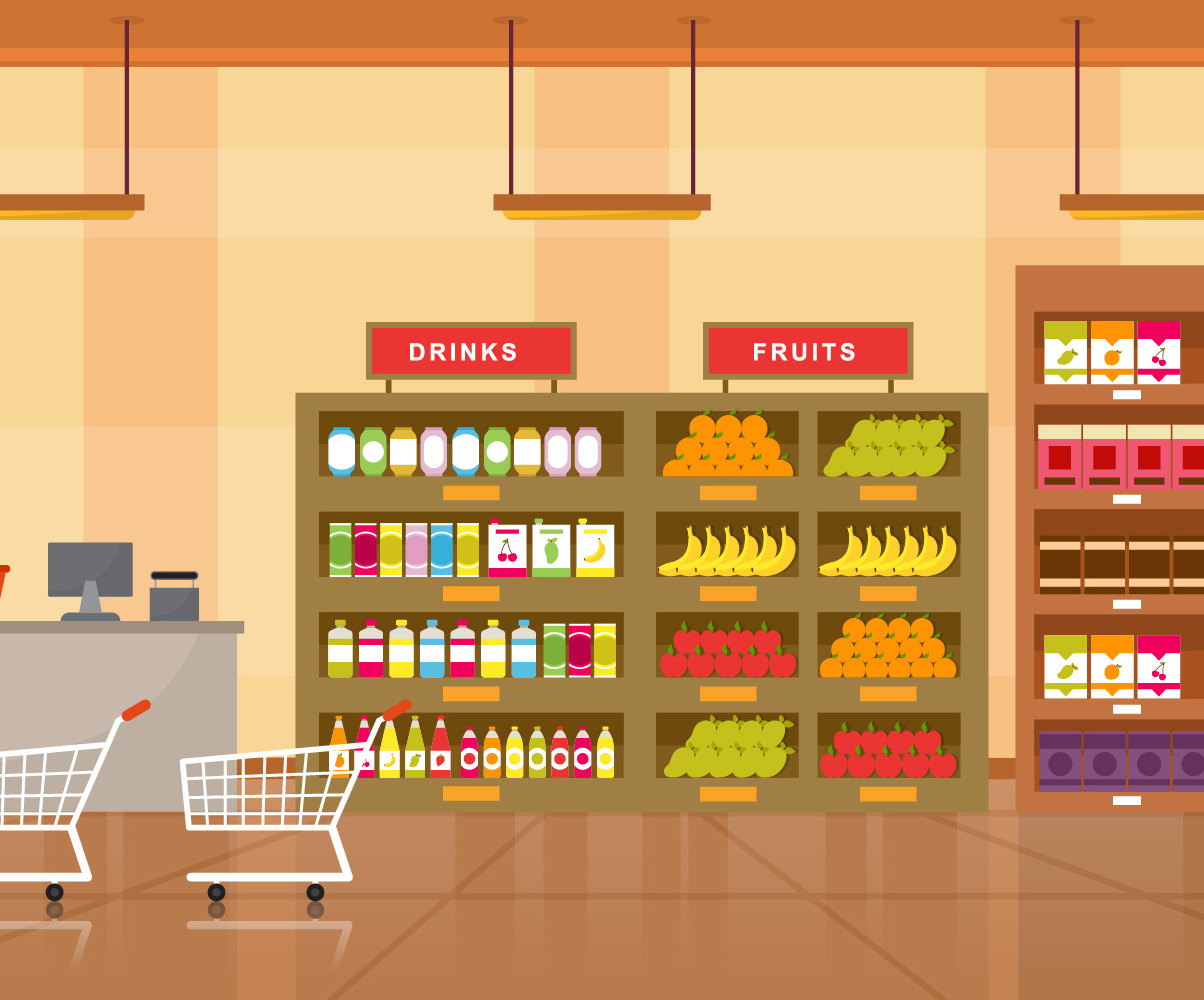 Supermarket, grocery, shelf, store, retail, shop, mall, interior, flat
