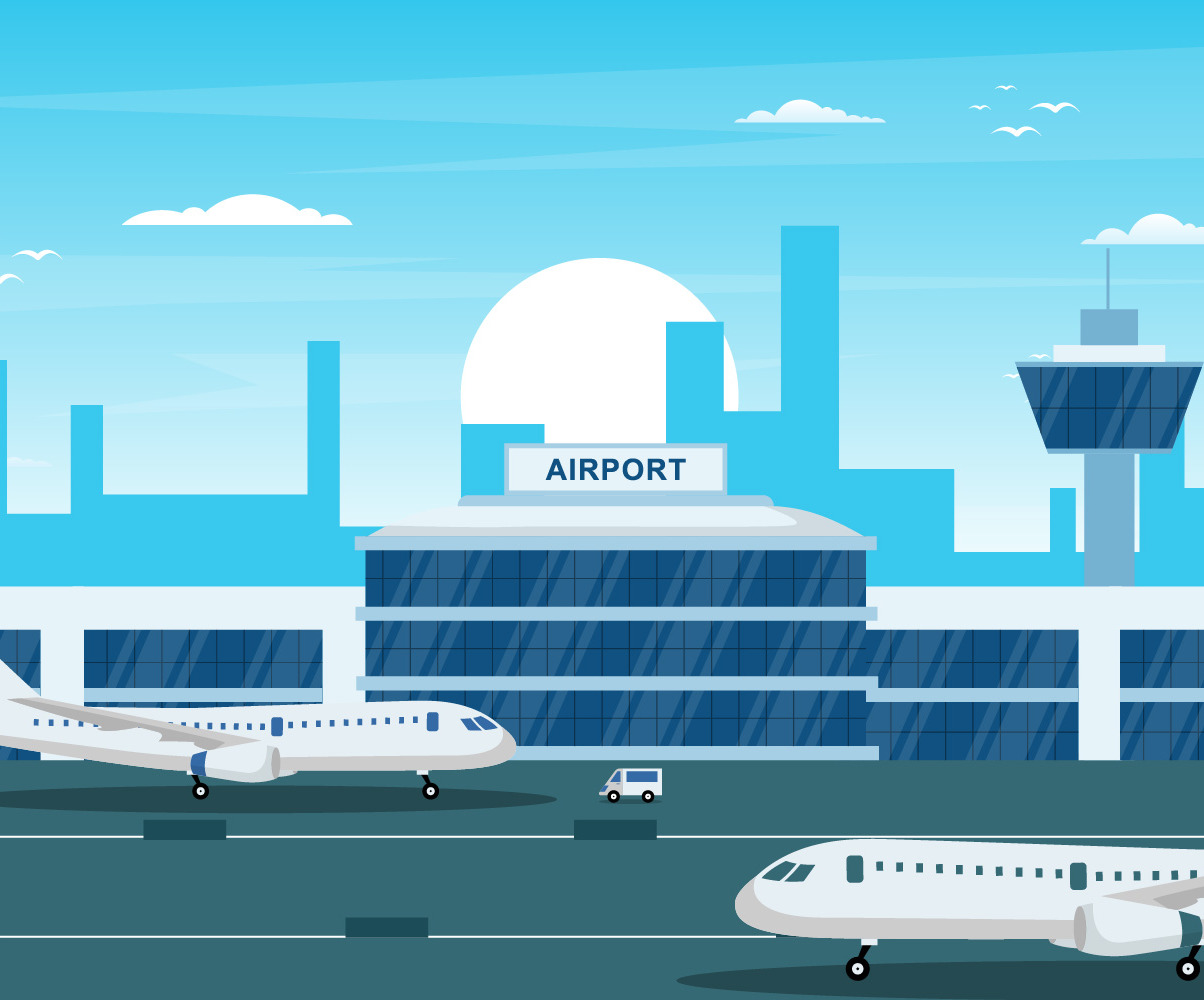 Aircraft, plane, runway, airport, terminal, building, landscape ...