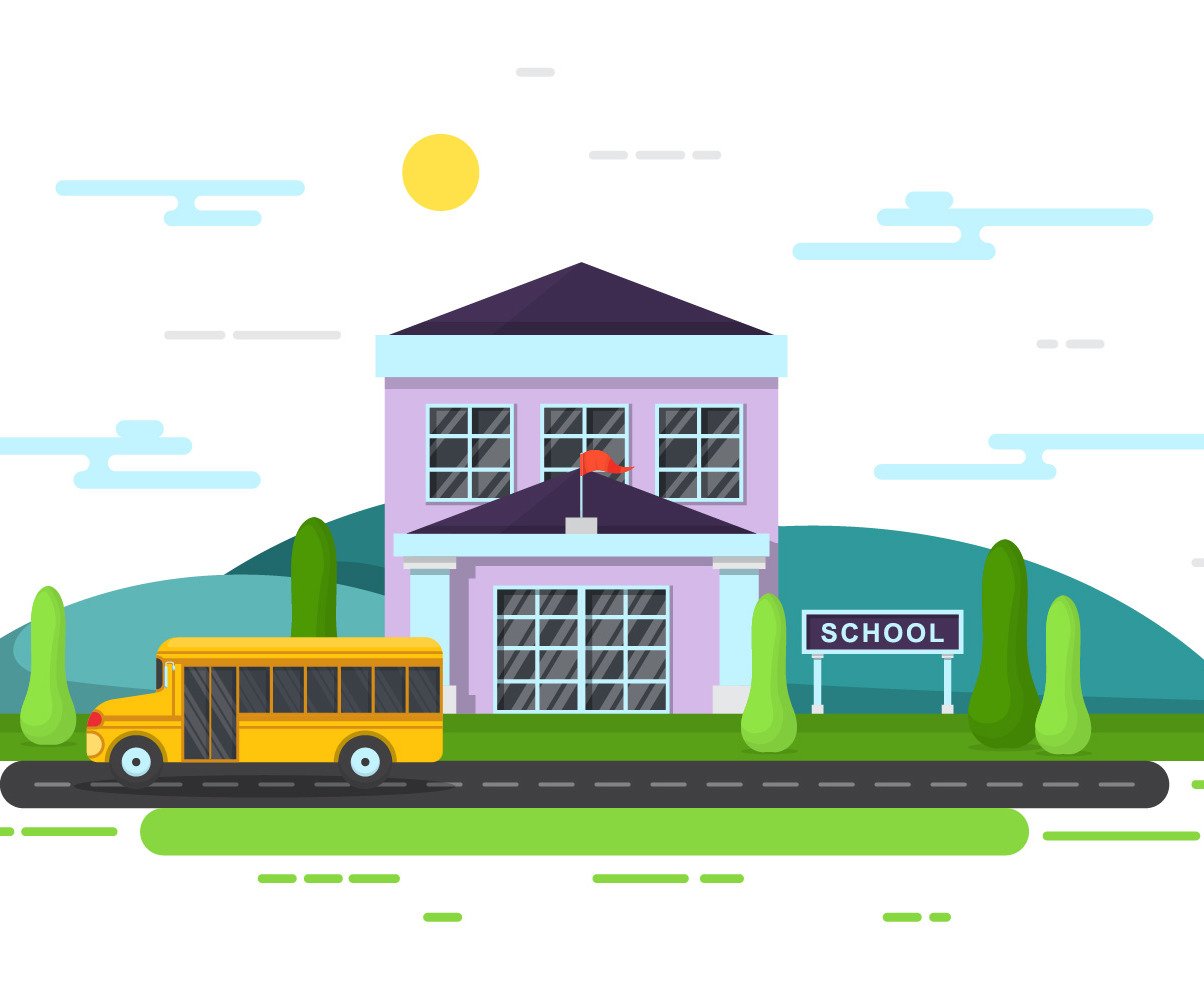 School, education, building, bus, outdoor, landscape, cartoon ...