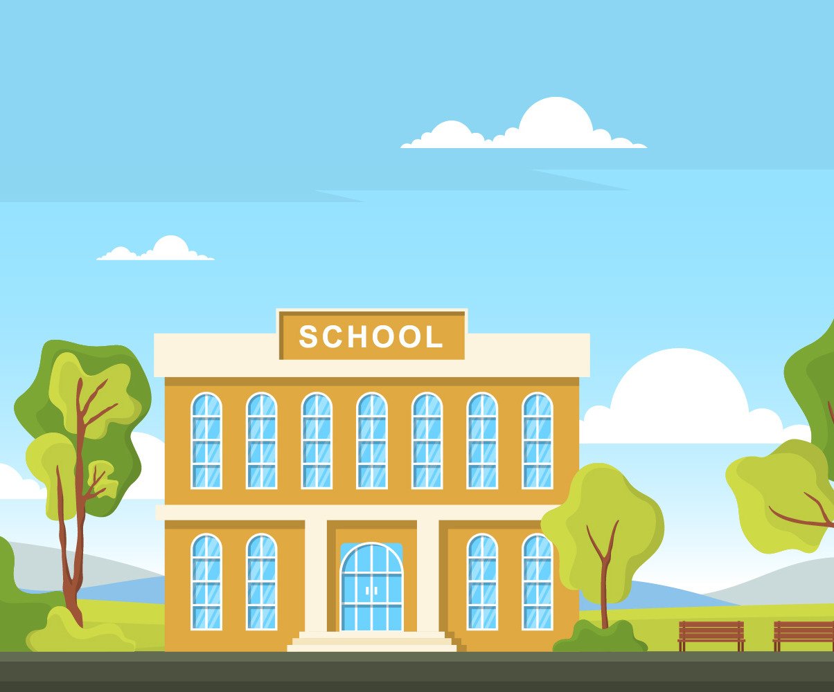 School, education, building, outdoor, landscape, cartoon, illustration ...