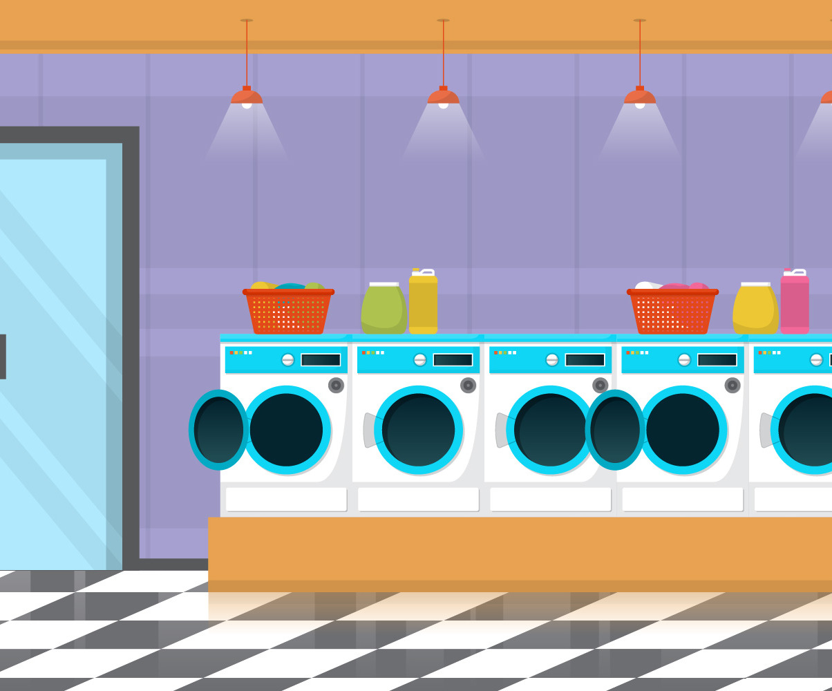 Clean, laundromat, washing, machine, laundry, tools, modern, interior, vector, illustration