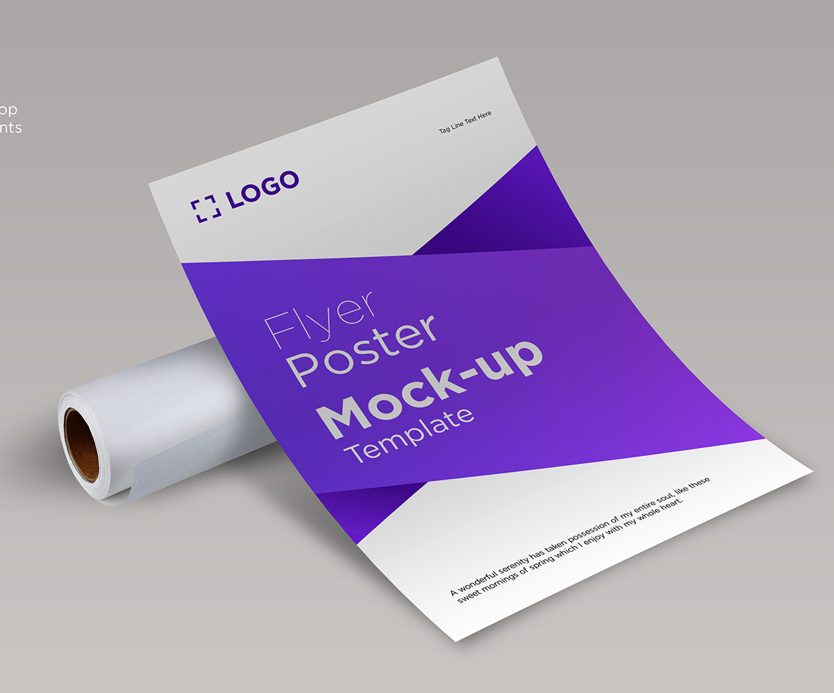 Download Flyer curve with paper roll mockup design template product mockup #147719