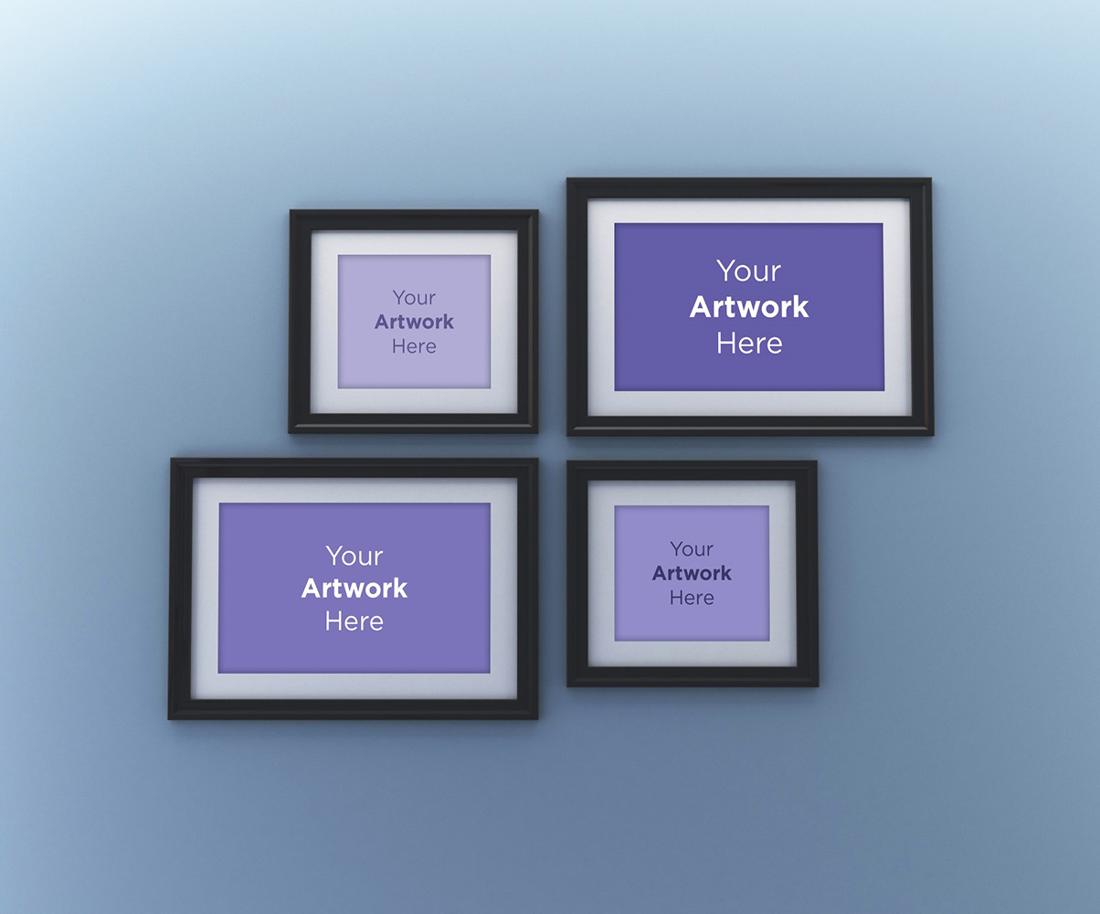 Collage of four empty photo frame mockup design Product