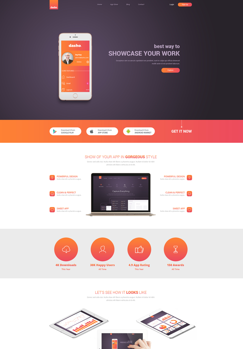 Download Dasho - App Showcase & App Store PSD Template #65756