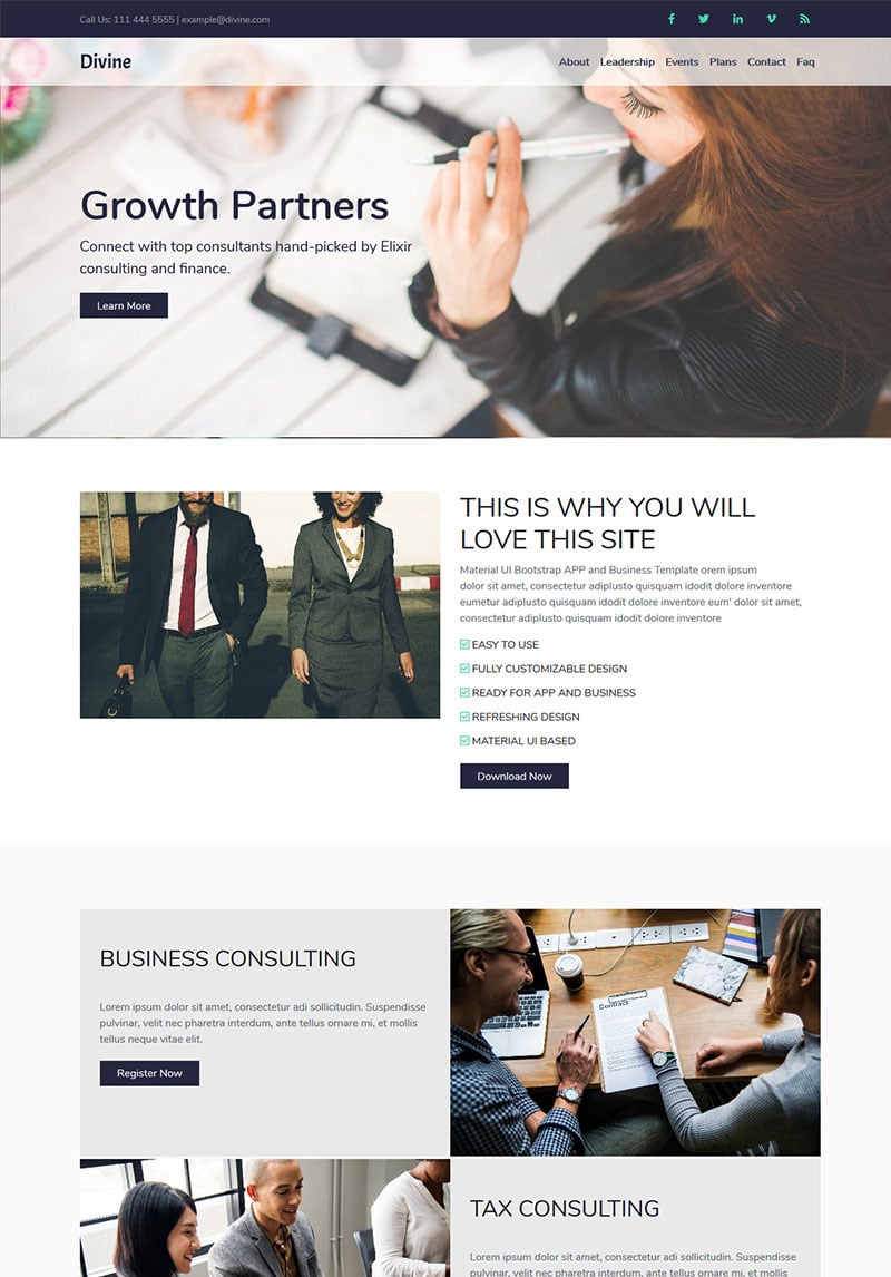 Download Divine – Business Consulting HTML5 Landing Page Landing Page Template | Premium themes & Plugins