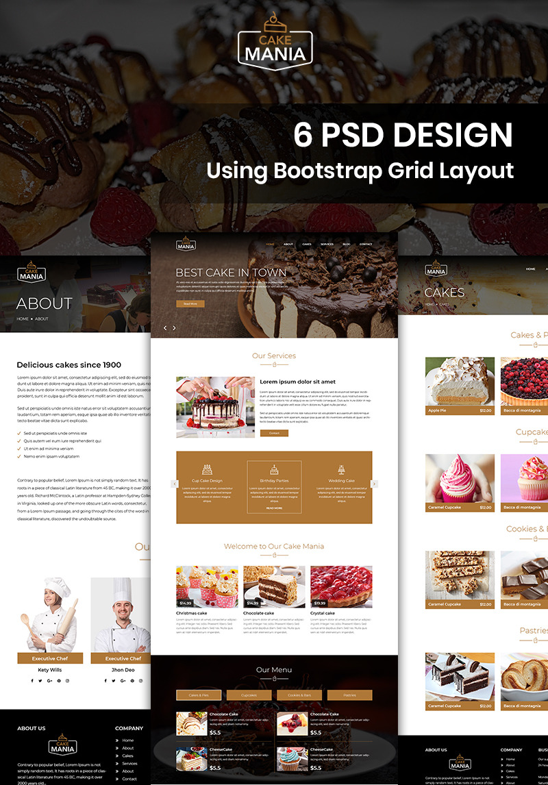 Bootstrap Cake Mania Cake Shop PSD Template 92481