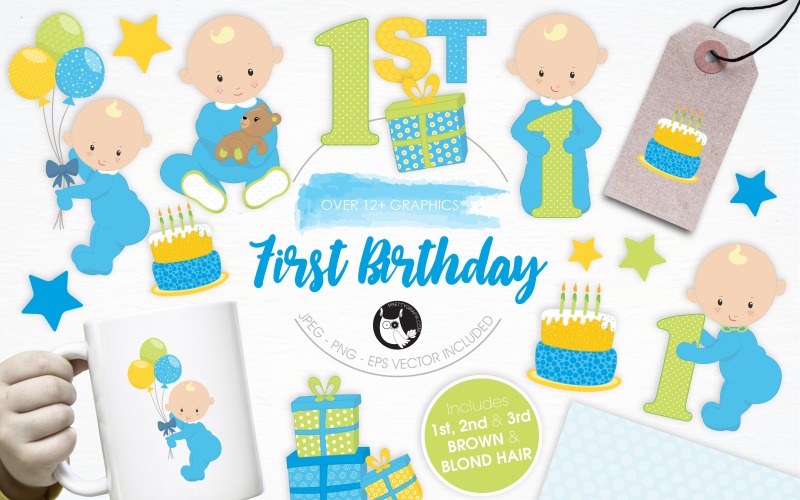 First Birthday illustration pack - Vector Image Vector Graphic