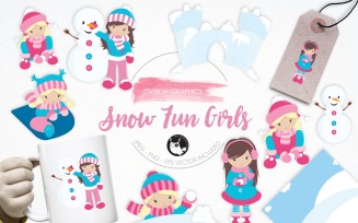 Snow Fun Girls illustration pack - Vector Image