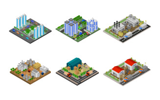 Isometric Buildings Set On Background - Vector Image