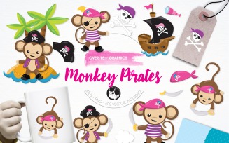 Monkey pirate illustration pack - Vector Image