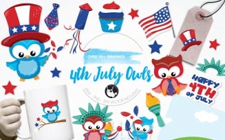 4th of July owls illustration pack - Vector Image