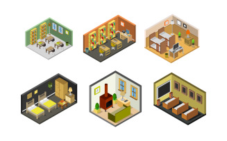 Set Of Isometric Rooms On Background - Vector Image