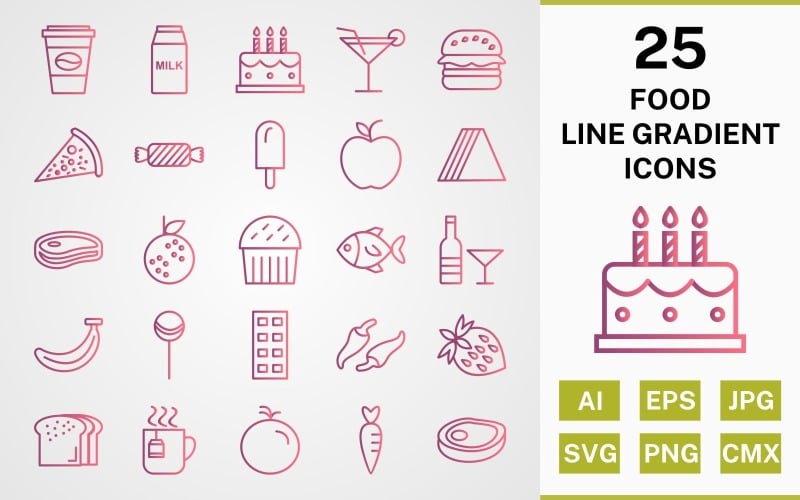 25 FOOD LINE GRADIENT ICON PACK Set Icon Set