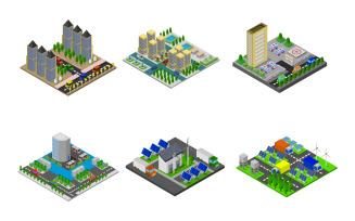 Isometric Buildings Set On White Background - Vector Image