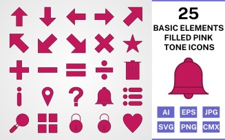 25 Basic Elements Filled Pink Tone Icon Set