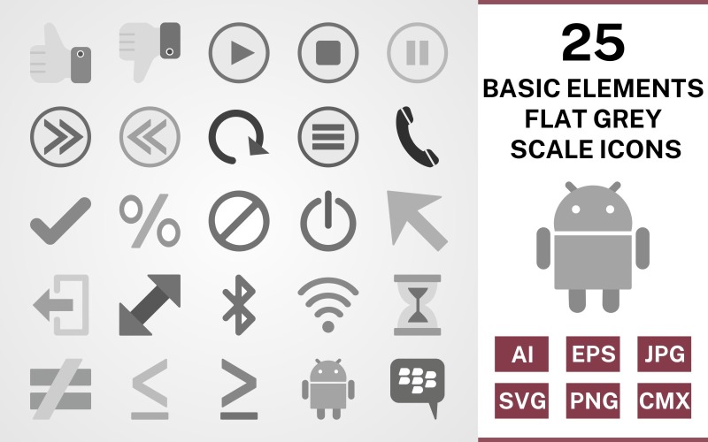 25 Basic Elements Flat Greyscale Icon Set