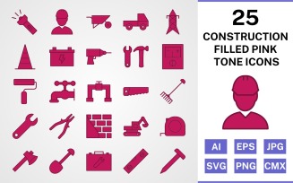 25 Construction Filled Pink Tone Icon Set