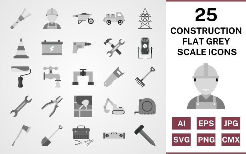 25 Construction Flat Greyscale Icon Set