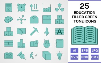 25 Education Filled Green Tone Icon Set