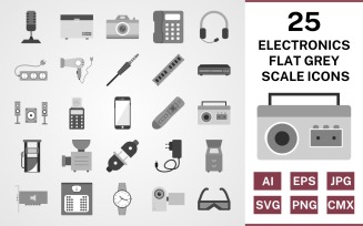 25 Electronic Devices Flat Greyscale Icon Set