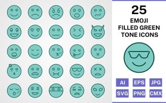 25 Emoji Filled Green Tone Icon Set