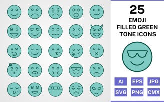 25 Emoji Filled Green Tone Icon Set