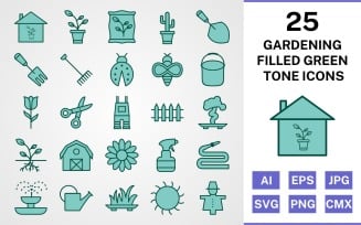 25 Gardening Filled Green Tone Icon Set