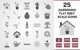 25 Gardening Flat Greyscale Icon Set