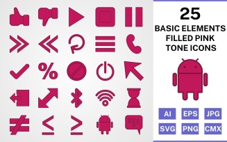 25 Basic Elements Filled Pink Tone Icon Set