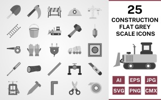 25 Construction Flat Greyscale Icon Set