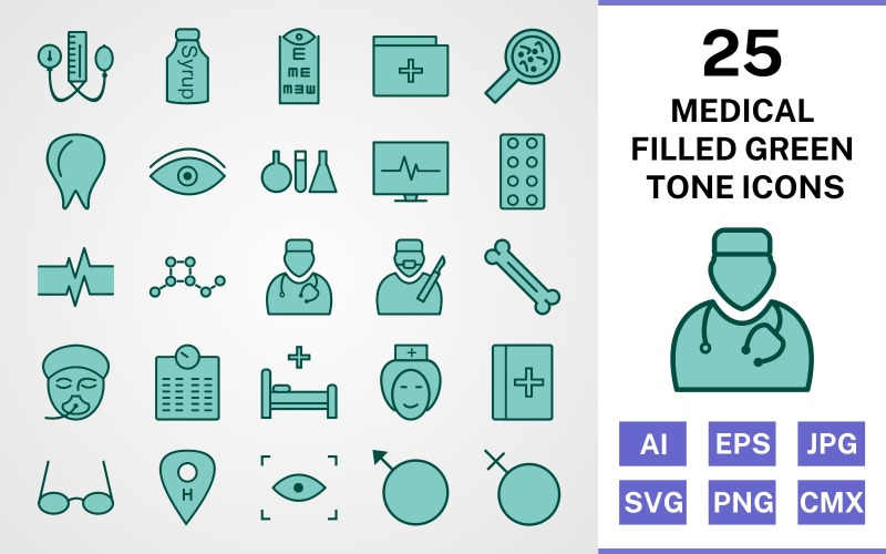 25 Medical Filled Green Tone Icon Set