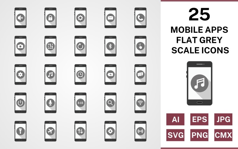25 Mobile Apps Flat Greyscale Icon Set