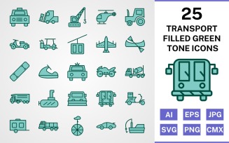 25 Transport Filled Green Tone Icon Set