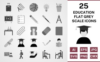 25 Education Flat Greyscale Icon Set