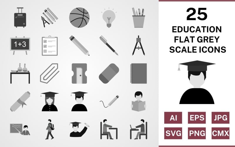 25 Education Flat Greyscale Icon Set