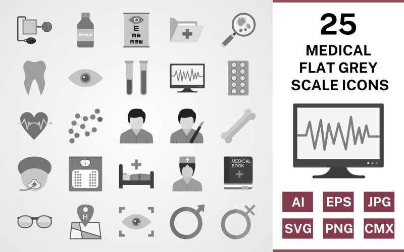 25 Medical Flat Greyscale Icon Set