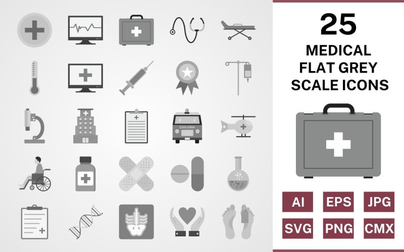 25 Medical Flat Greyscale Icon Set