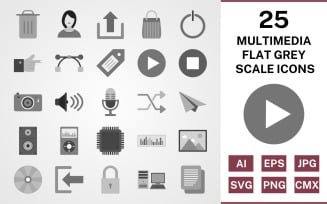 25 Multimedia Flat Greyscale Icon Set