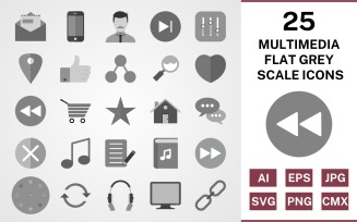 25 Multimedia Flat Greyscale Icon Set