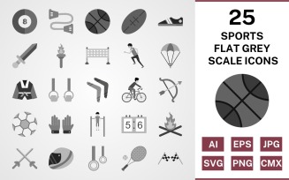 25 Sports And Games Flat Greyscale Icon Set