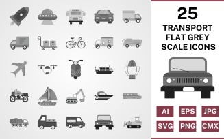 25 Transport Flat Greyscale Icon Set