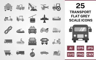 25 Transport Flat Greyscale Icon Set